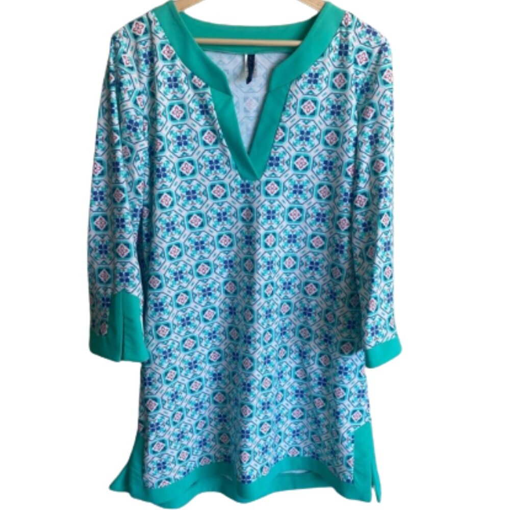 Aqua et Sol Tunic Dress Womens Teal Geometric V-Neck 3/4 sleeve Size L